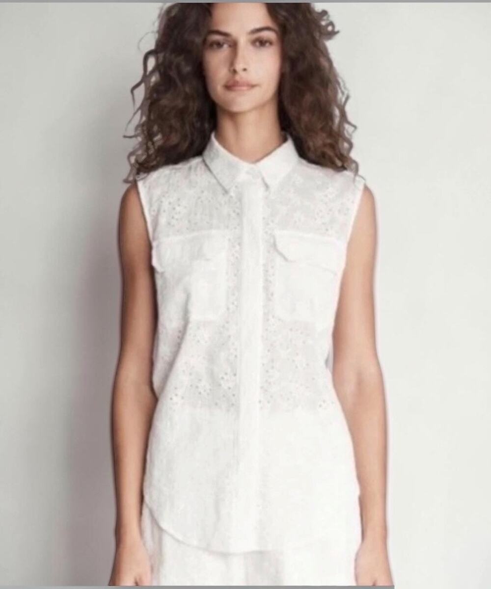 Rag & Bone April Sleeveless Button Down Blouse White Eyelet Collar Women's Small